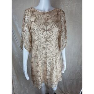 Beige Sequin Geometric Pattern Short Sleeve Party Dress Size‎ S by TOPMELON